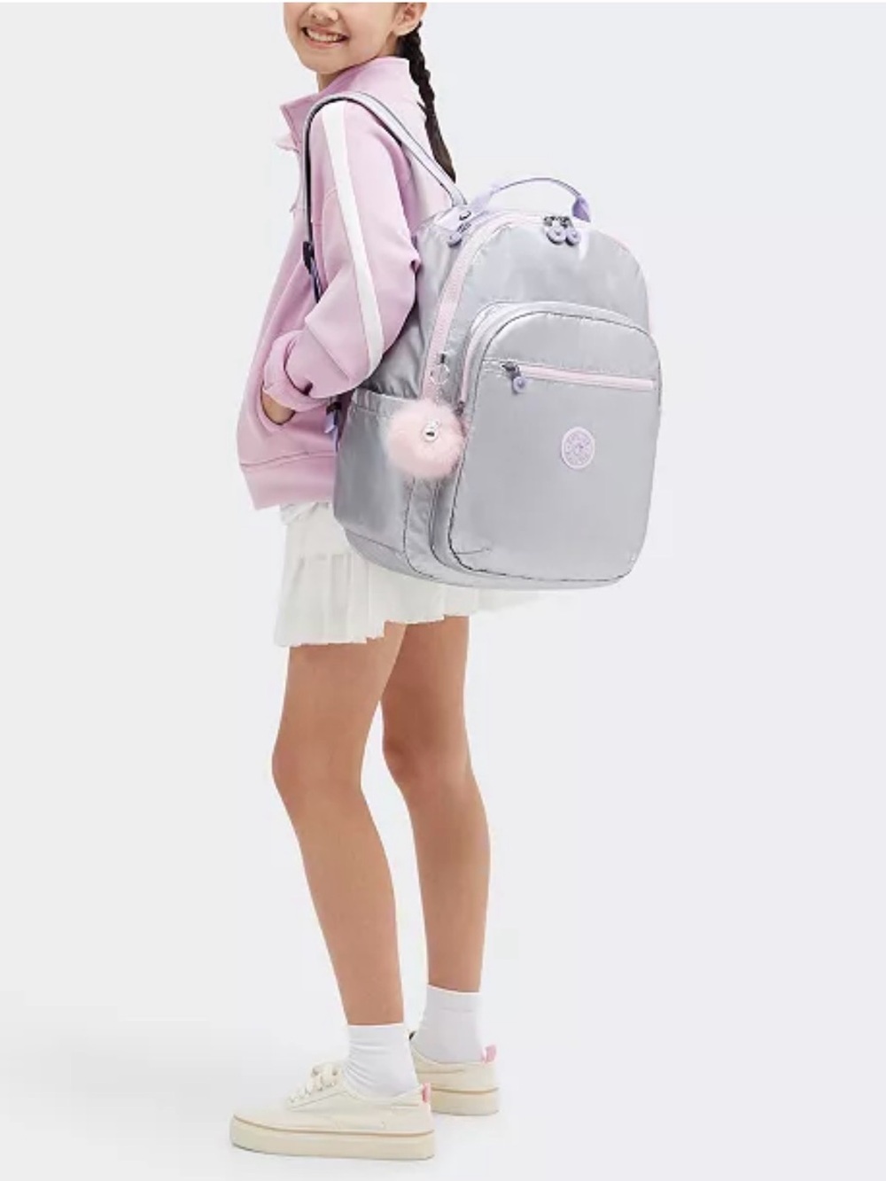 Kipling Seoul Go Large Silver and Light Pink Kids Backpack with Pom Pom Charm